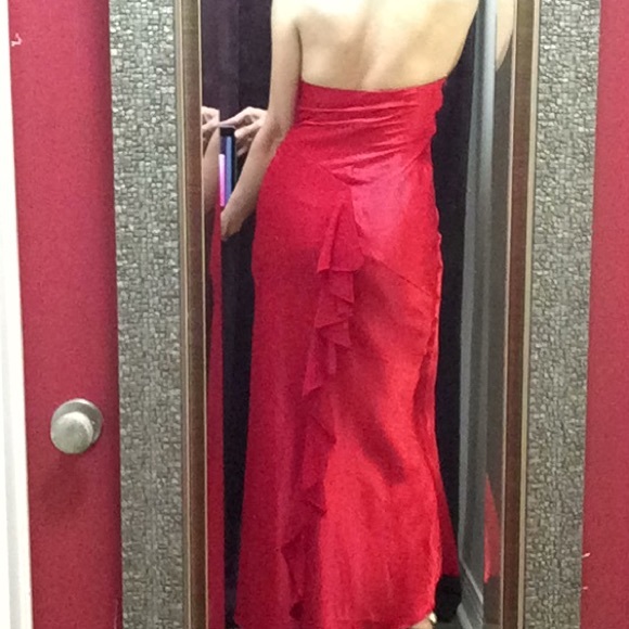 Red silky evening gown, sheer top, flare bottom - Picture 7 of 14